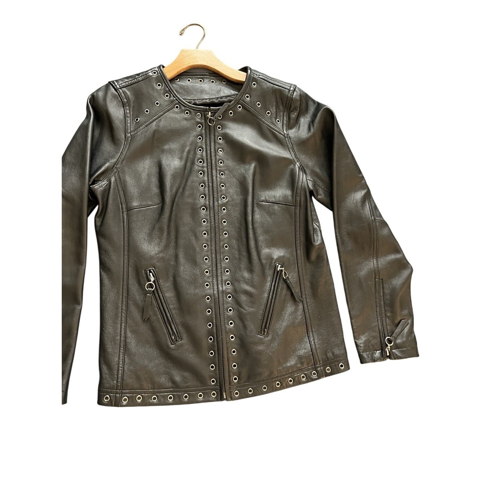 Bradley Bayou‎ Women's Moto Leather Jacket Full Zip Grommet Detail Black Small